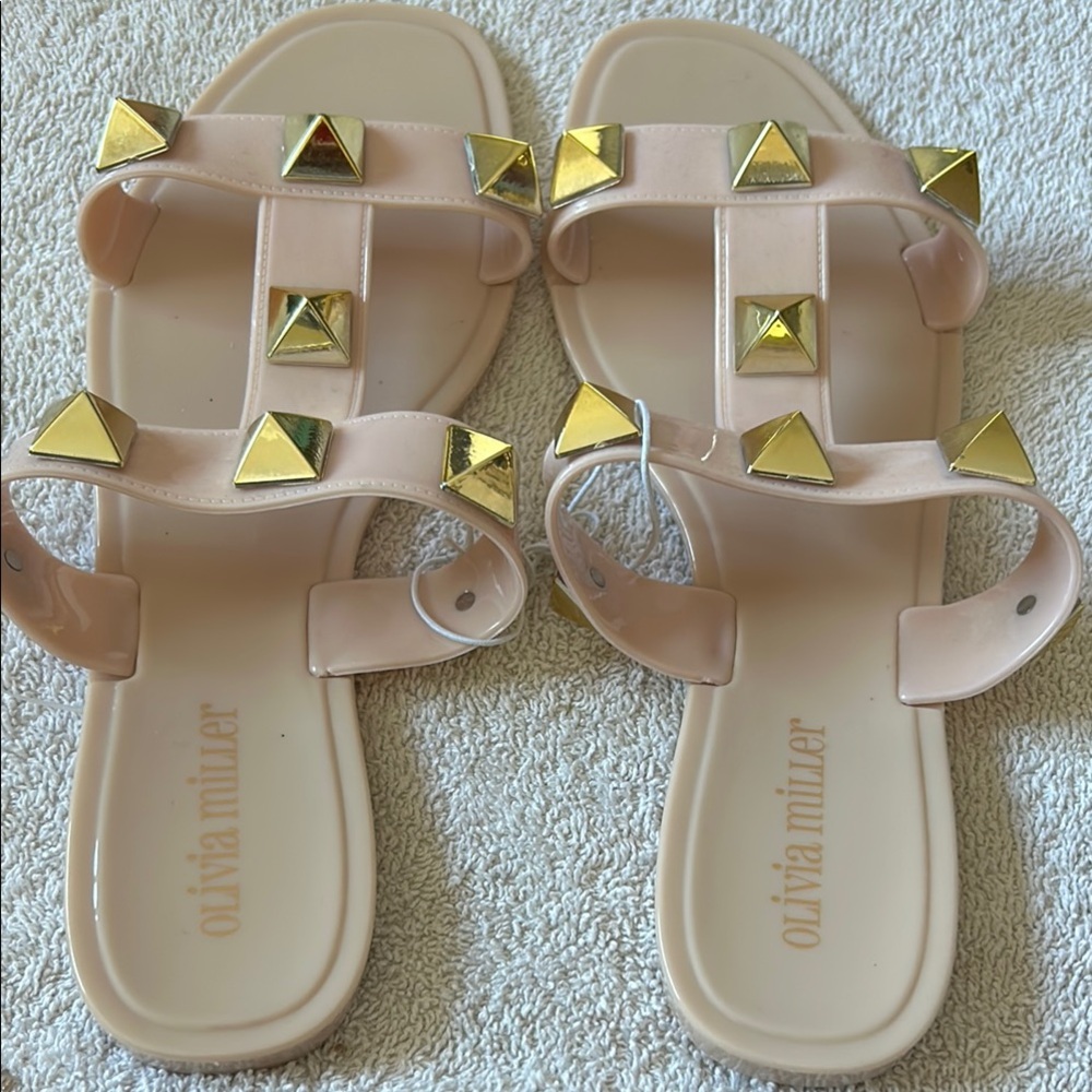 Olivia Miller Nude Sandals with Gold Studs - Picture 3 of 3